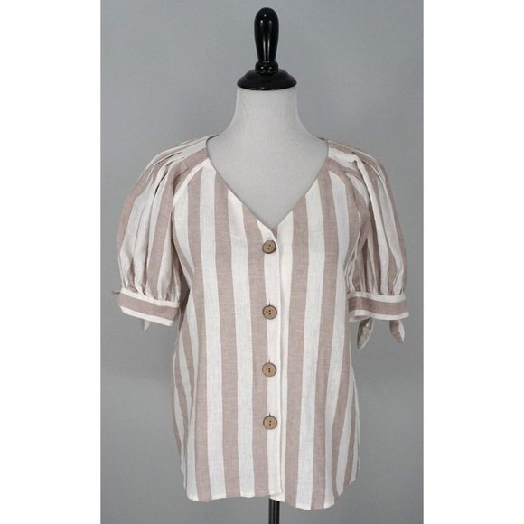 New LC Lauren Conrad Tan White Striped Pleated Ruffle Button Up Linen Top XS - Picture 2 of 8